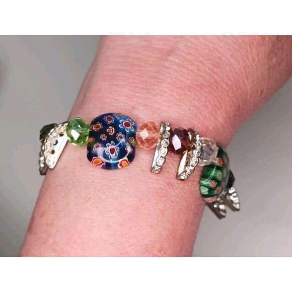 Handmade Jewelry - Vtg Artisan Millefiori Art Glass Flower Discs Beads 8" Stretch Bracelet Colorful